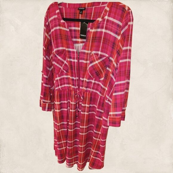 TORRID Plus Size  Zip Front Plaid Pink Stretch Challis Shirt Dress - Picture 8 of 16